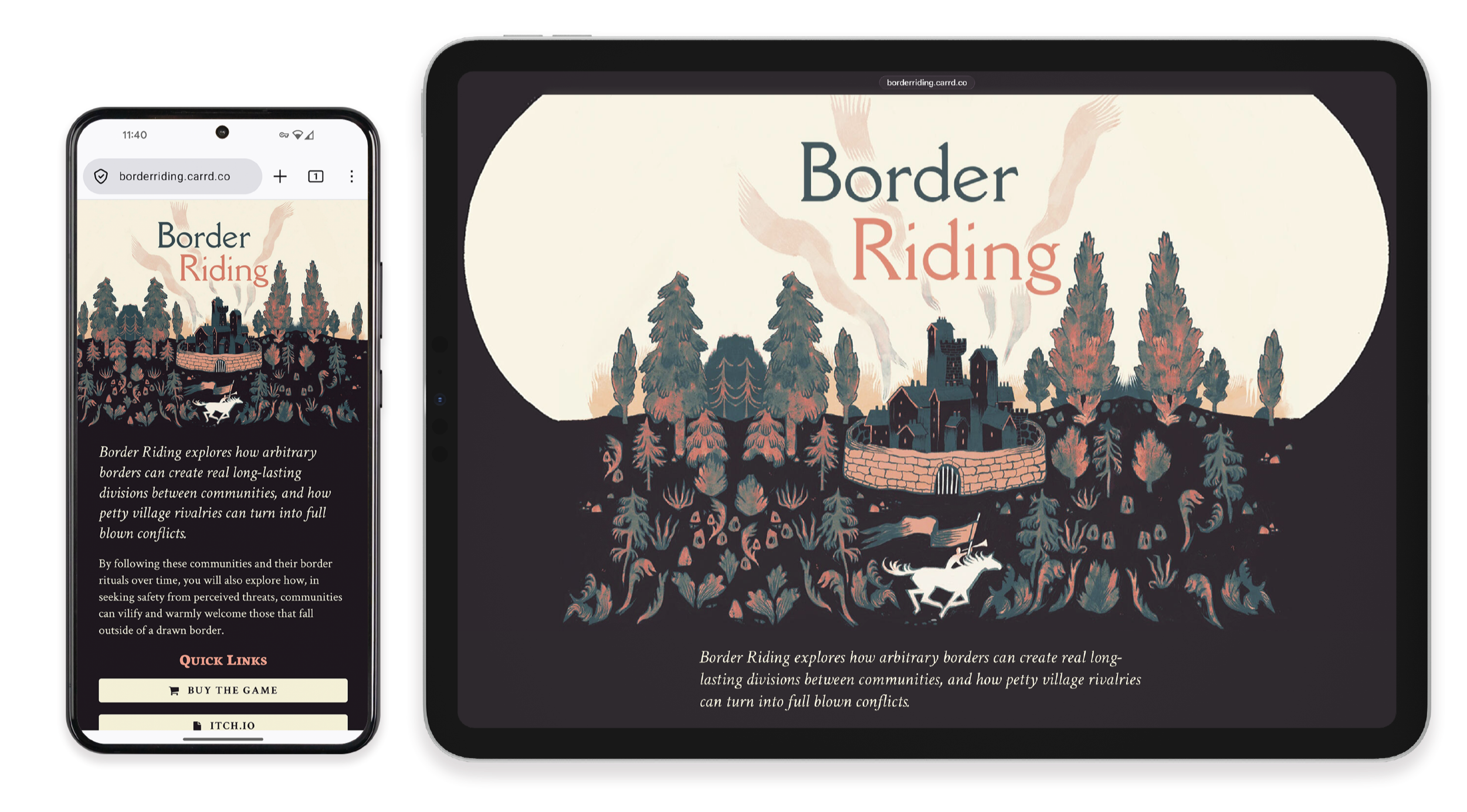 Digital mockup of borderriding.carrd.co on a phone and tablet