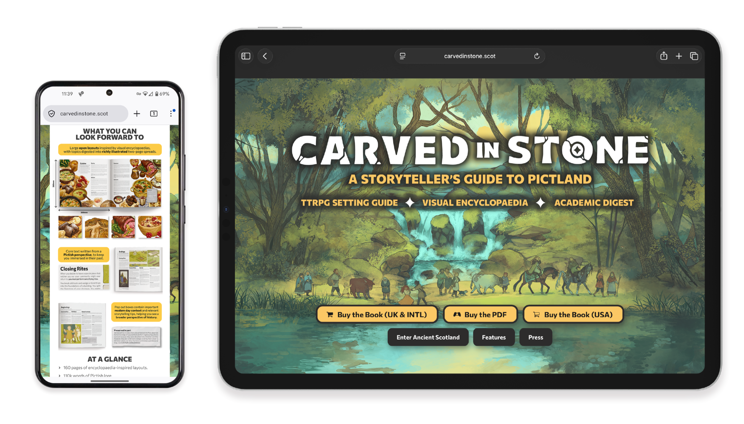 Digital mockups of carvedinstone.scot on a phone and tablet.